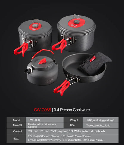 Alocs Outdoor Folding Camping Pot Cookware Mess Kit Pot Water Kettle Frying Pan Bowl Cooking Set Backpacking Picnic Hiking