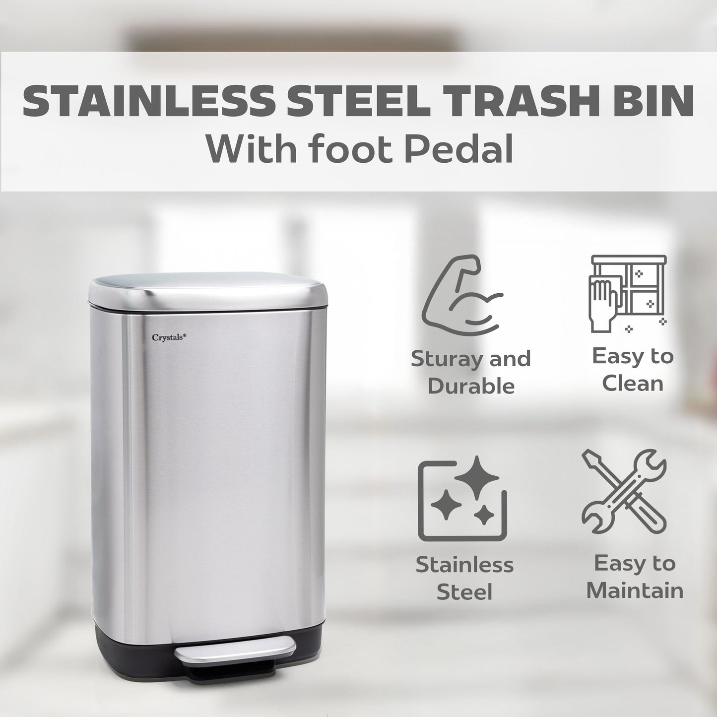30L Rectangular Pedal Bin Soft Close Lid - Silver