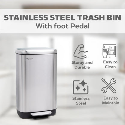 30L Rectangular Pedal Bin Soft Close Lid - Silver