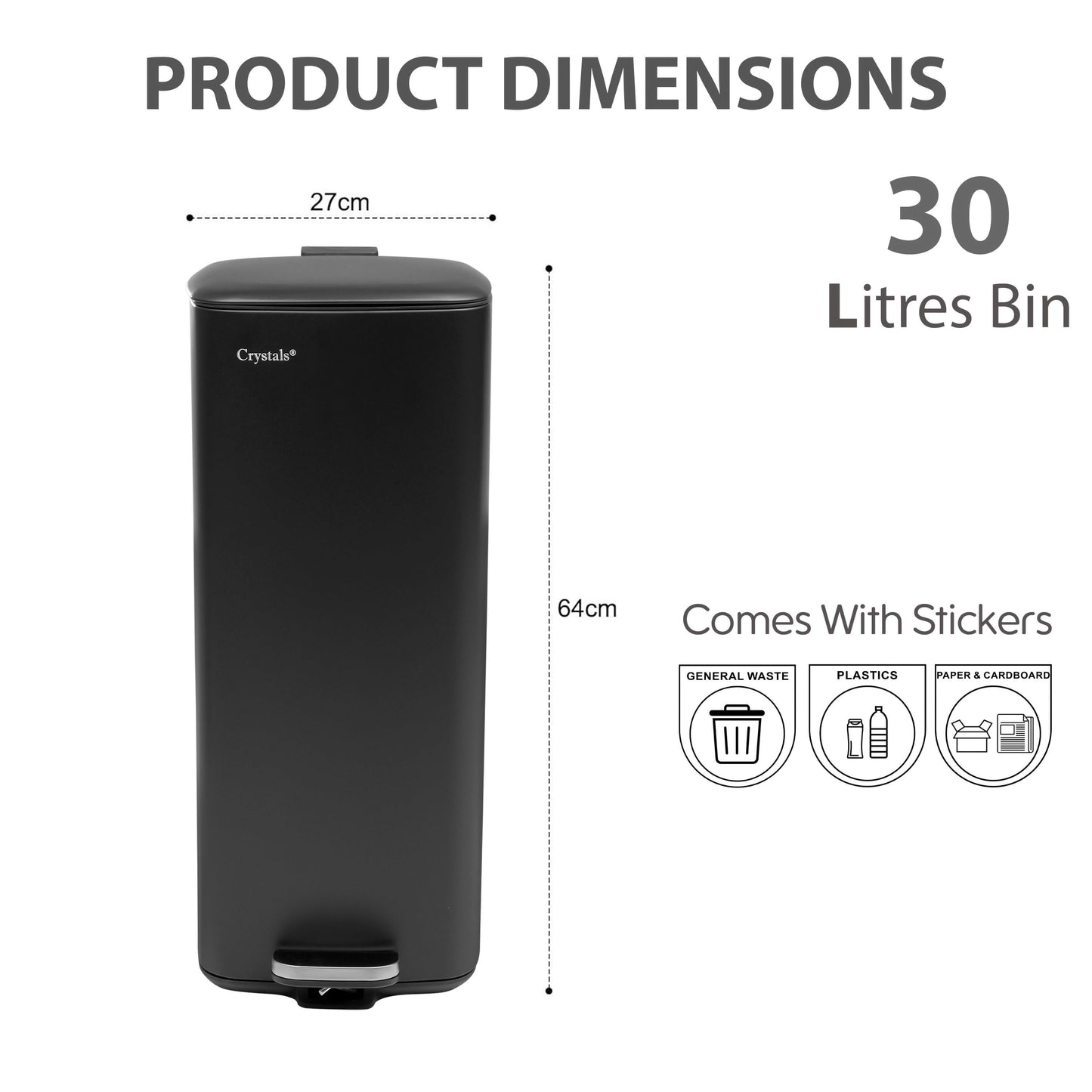 30L Stainless Steel Pedal Bin - Black