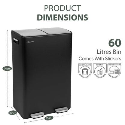 60L Dual Compartment Pedal Bin Black