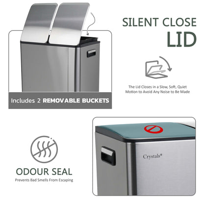 60L Dual Compartment Pedal Bin Silver