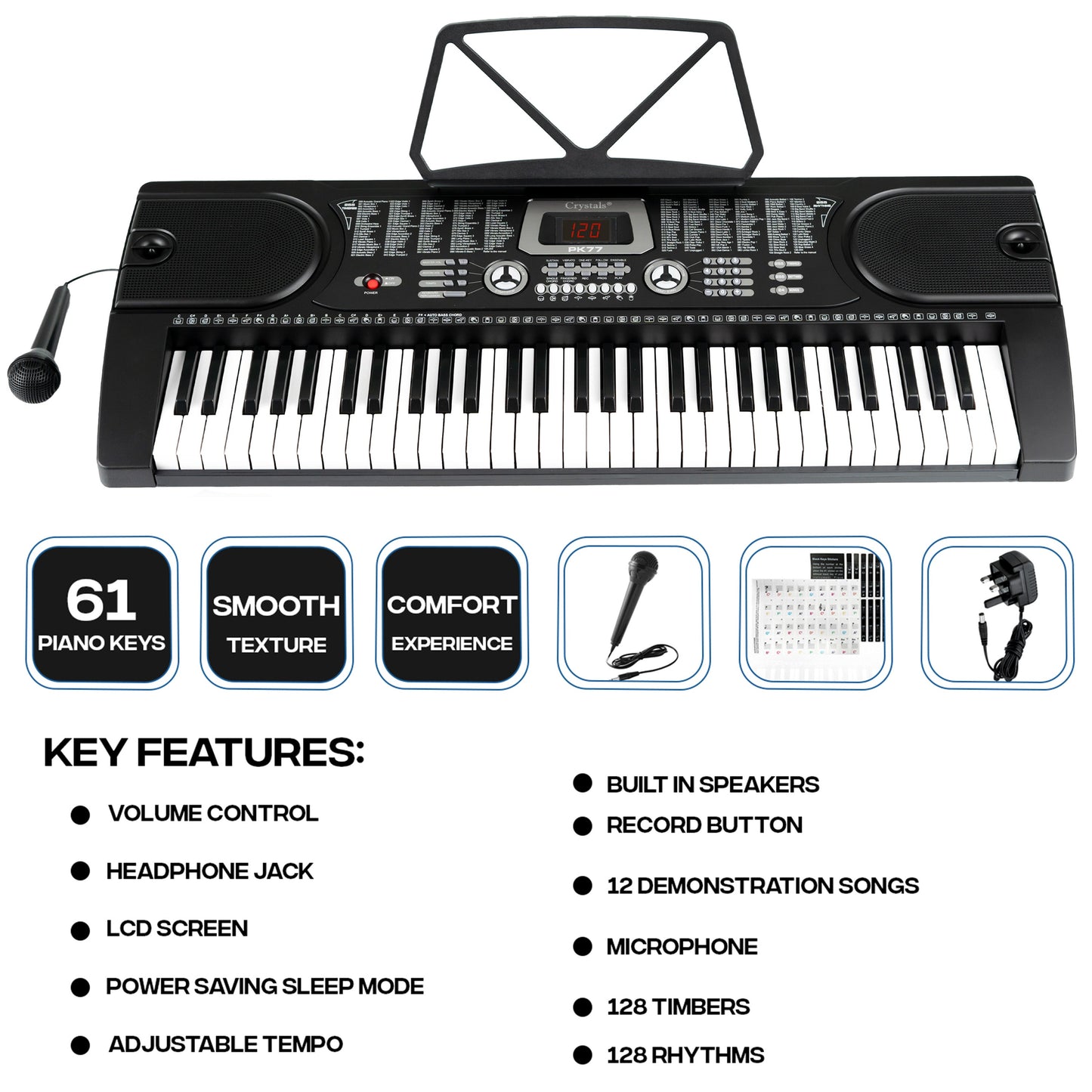 61 Keys Electronic Keyboard Piano + Stand & Music Chair