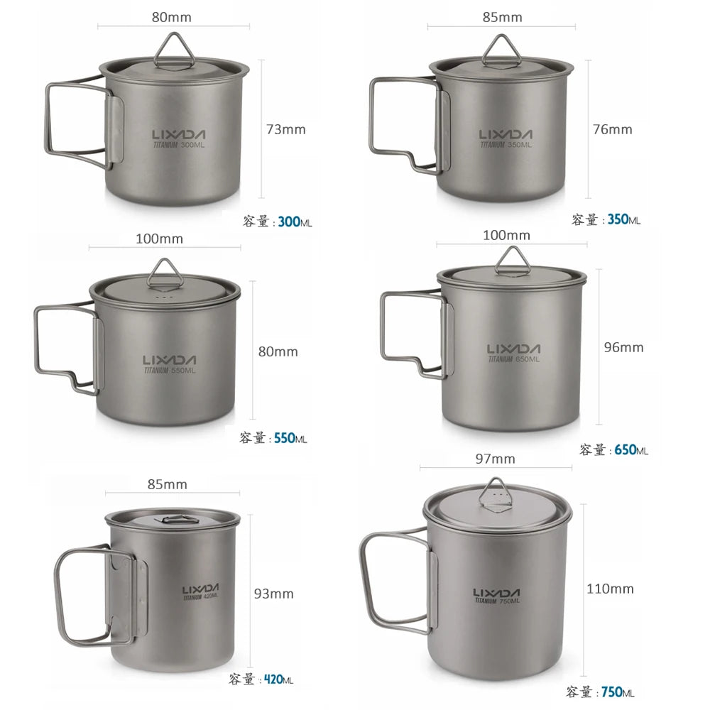 Lixada Ultralight Titanium Cup Mug 300/350/550/650ml/750ml Outdoor Water Cup Picnic Water Mug Tableware with Foldable Handle