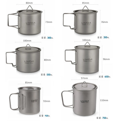 Lixada Ultralight Titanium Cup Mug 300/350/550/650ml/750ml Outdoor Water Cup Picnic Water Mug Tableware with Foldable Handle