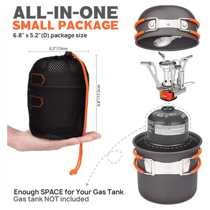 Camping Cookware Mess Kit with Mini Stove Camping Pot and Pan Set with Cup Fork Portable Cookware Equipment for Outdoor Cooking