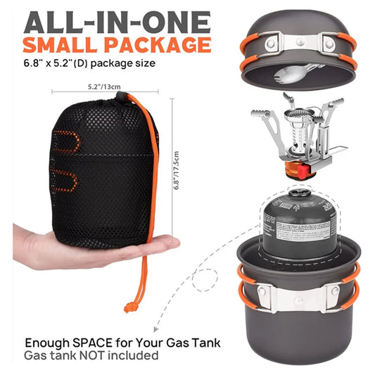 Camping Cookware Mess Kit with Mini Stove Camping Pot and Pan Set with Cup Fork Portable Cookware Equipment for Outdoor Cooking