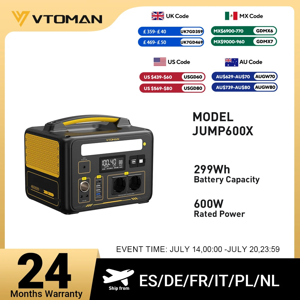 VTOMAN JUMP 600X Power Stations 299Wh LiFeP04 Battery Emergency Backup High-power Power Supply Camping Equipment Generator
