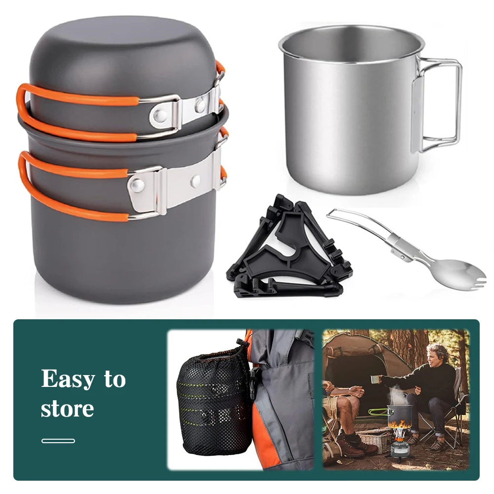 Camping Cookware Mess Kit with Mini Stove Camping Pot and Pan Set with Cup Fork Portable Cookware Equipment for Outdoor Cooking