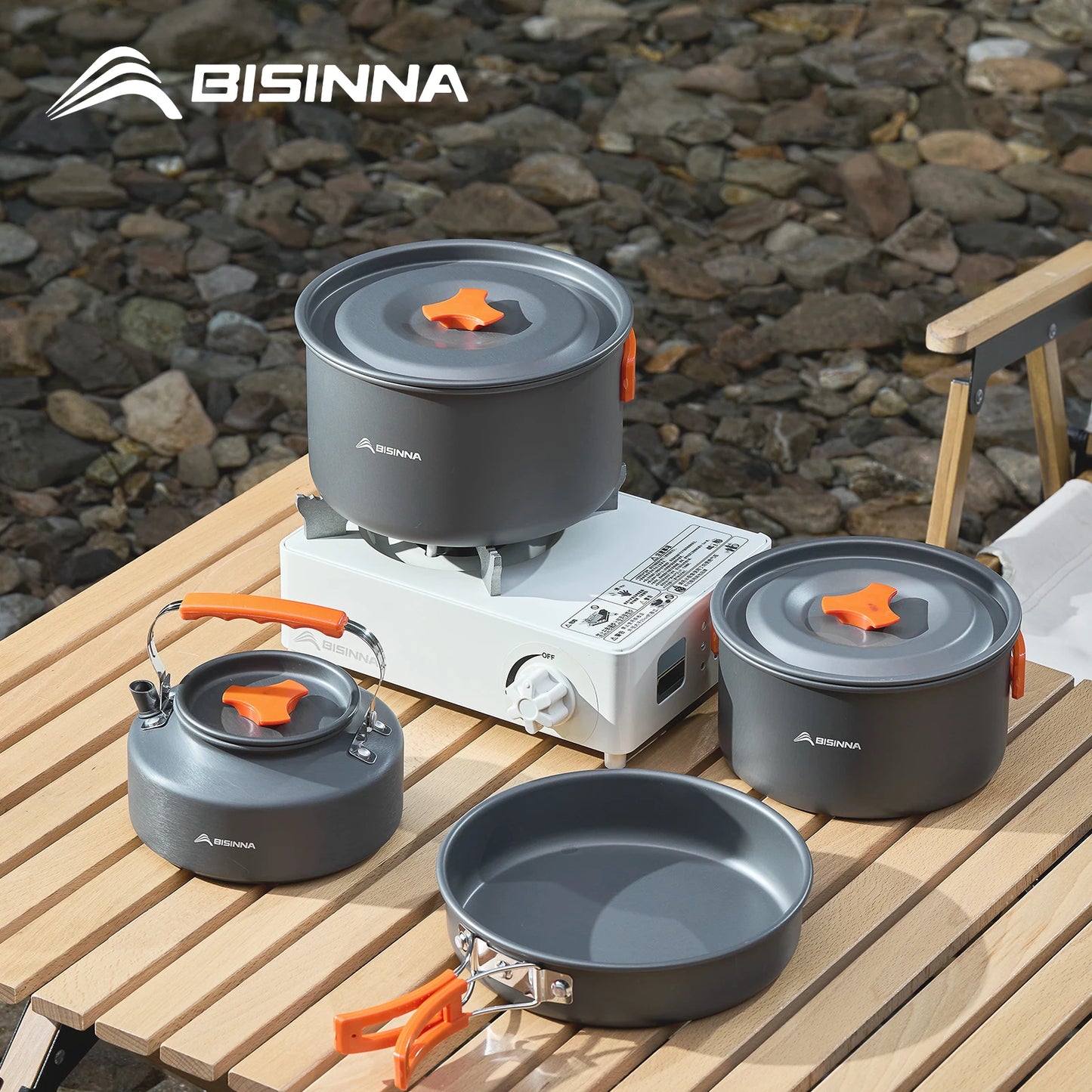 BISINNA Outdoor Aluminum Alloy Camping Cookware Utensils Water Kettle Pan Pot Cooking Set for Travelling Hiking Picnic BBQ