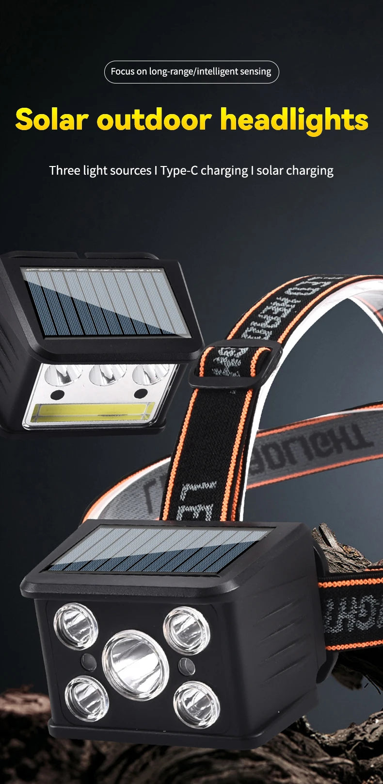 New Portable Solar LED COB Headlamp Five Mode Lighting USB Rechargeable Head Lantern Outdoor Waterproof Camping Headlight