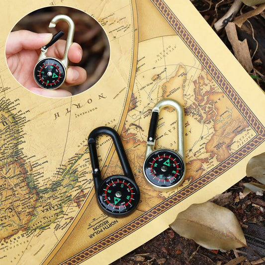 2-in-1 Metal Keychain with Compass, Carabiner, Multifunctional Outdoor Survival Gear for Hiking, Camping, Emergency