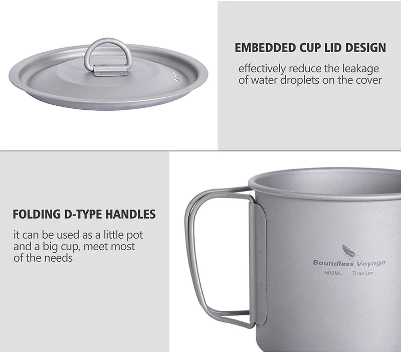 Boundless Voyage Camping Titanium Cup Mug Outdoor Tourist Picnic Cooking Hanging Pot Tableware Hiking Kitchen Equipment Cookware