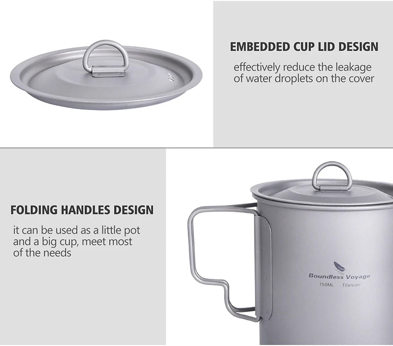 Boundless Voyage Camping Titanium Cup Mug Outdoor Tourist Picnic Cooking Hanging Pot Tableware Hiking Kitchen Equipment Cookware