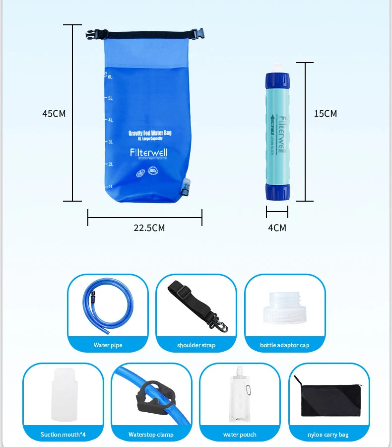 Filterwell 6L Fed Water Filter Straw Water Bag Foldable Outdoor Survival Gear Camping Hiking Travel Supplies