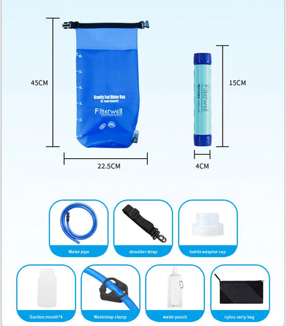 Filterwell 6L Fed Water Filter Straw Water Bag Foldable Outdoor Survival Gear Camping Hiking Travel Supplies