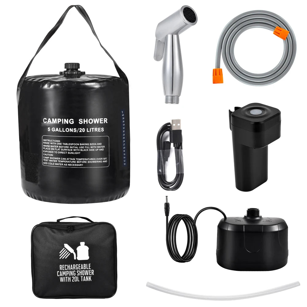 Portable Camping Shower with 20L Solar Heating Bag Rechargeable Electric Pump For Watering Flowers Hiking Beach Dog Washing