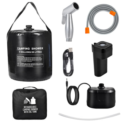 Portable Camping Shower with 20L Solar Heating Bag Rechargeable Electric Pump For Watering Flowers Hiking Beach Dog Washing