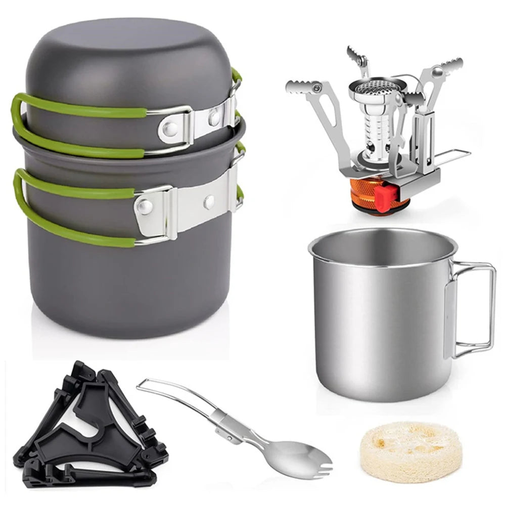 Camping Cookware Mess Kit with Mini Stove Camping Pot and Pan Set with Cup Fork Portable Cookware Equipment for Outdoor Cooking