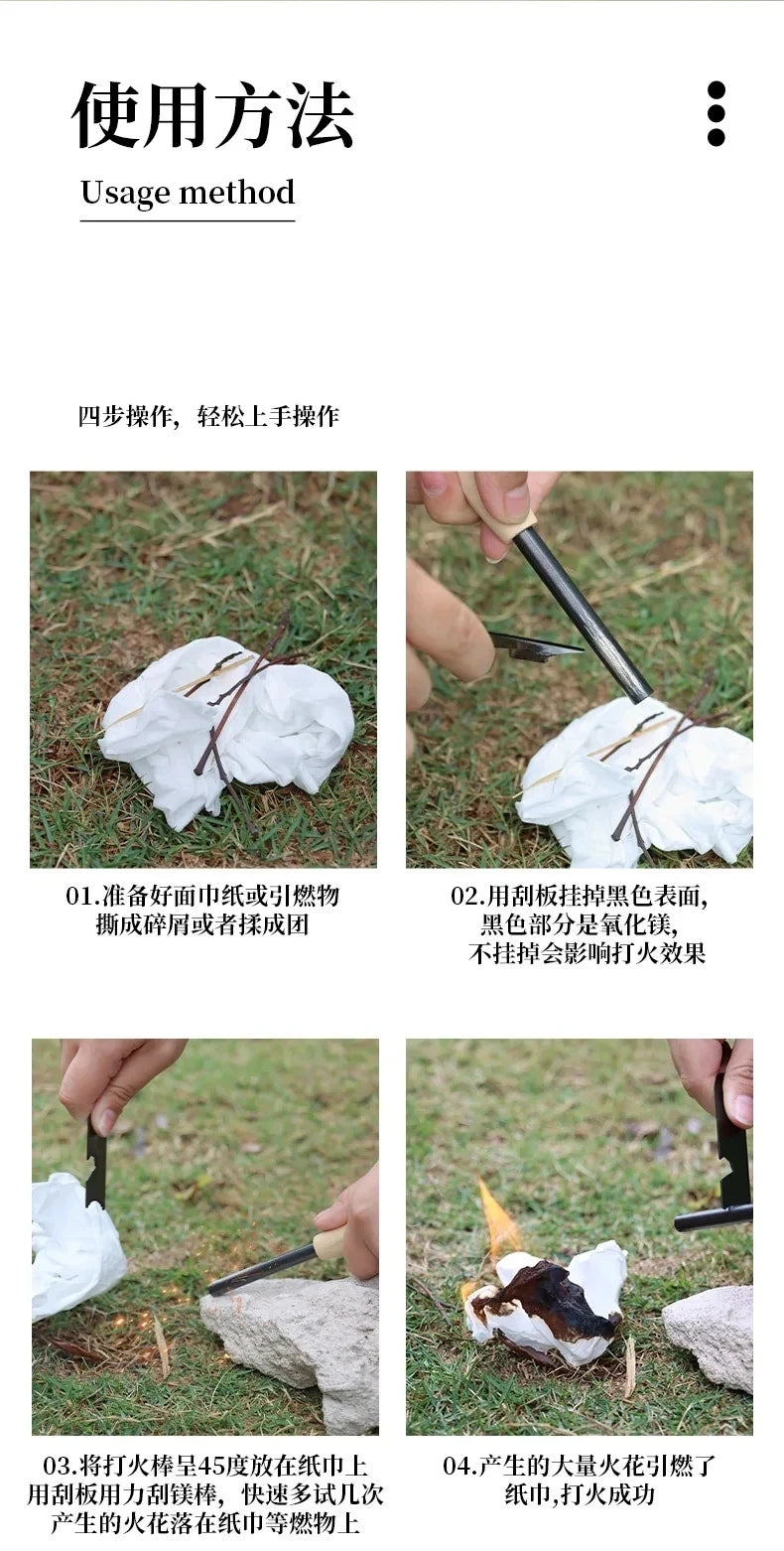 New Wilderness Survival Portable Flint Kit - Magnesium Fire Starter Stick with Wooden Handle for Camping Outdoor Equipment Tool