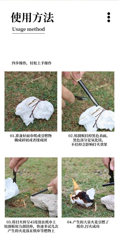 New Wilderness Survival Portable Flint Kit - Magnesium Fire Starter Stick with Wooden Handle for Camping Outdoor Equipment Tool