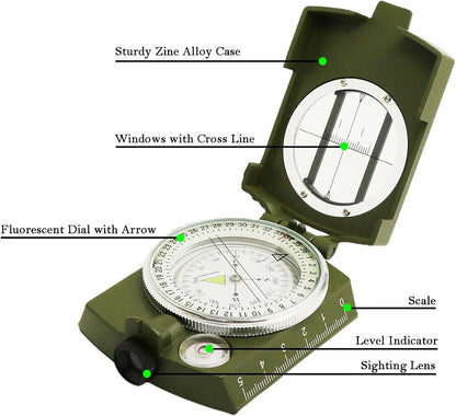 Mulitifunctional High Precision Outdoor Survival Military Compass Camping Waterproof Metal with Fluorescent Geological Compass