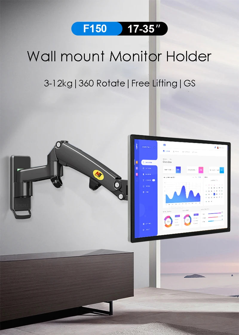 North Bayou NB F150 Gas Spring 17-35 inch LED TV Wall Mount Monitor Holder Ergonomic Mount Arm Max. VESA 100*100mm Load 3-12kgs
