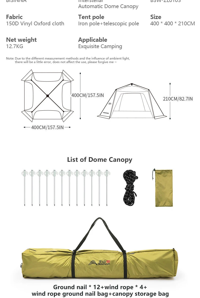 BISINNA 6-8 Persons One-touch Dome Tent Vinyl Coated Canopy Waterpoof Sunshade Shelter for Family Camping Travel Outdoors