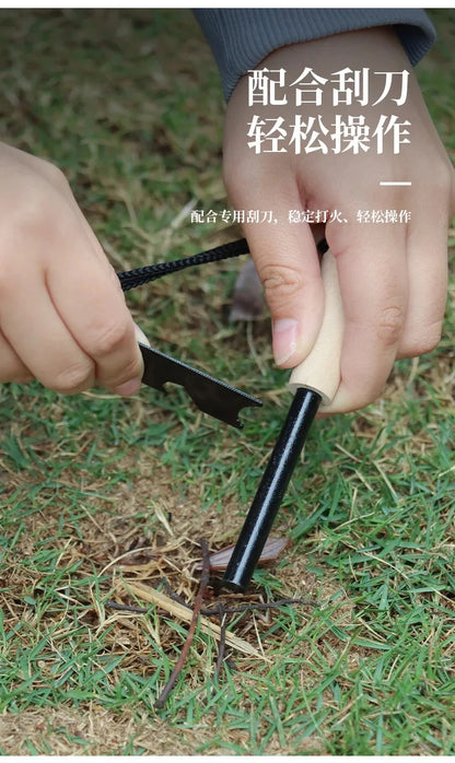 New Outdoor survival flint umbrella rope set, wooden handle magnesium rod multifunctional scraper, outdoor camping fire tool