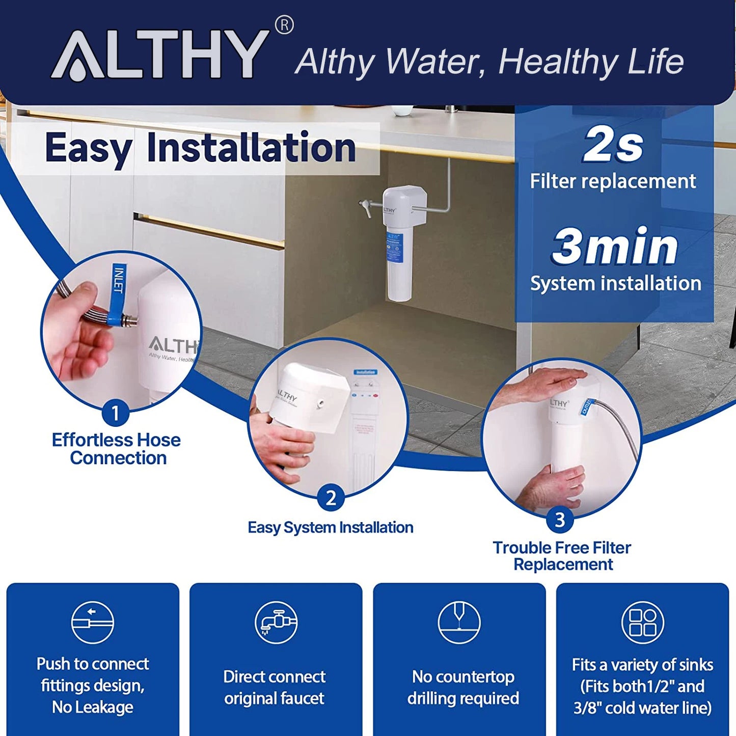ALTHY Under Sink Drinking Water Filter Purifier -NSF/ANSI Certified Direct Connect Under Counter Drink Water Filtration System
