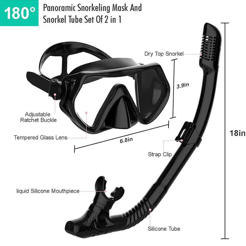 Adult Snorkelling Gear with 180 degree tempered glass anti-fog dry top snorkel Great Vision Swimming & Diving Gear