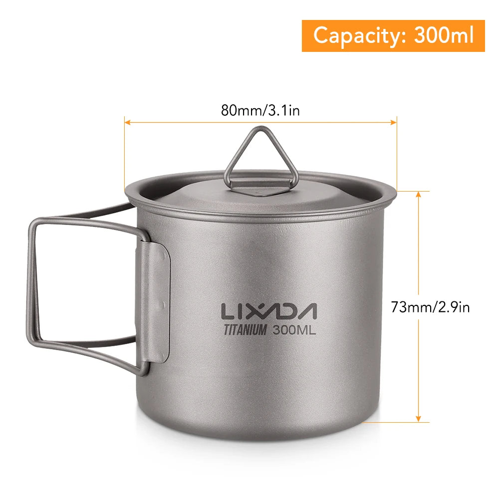 Lixada Ultralight Titanium Cup Mug 300/350/550/650ml/750ml Outdoor Water Cup Picnic Water Mug Tableware with Foldable Handle