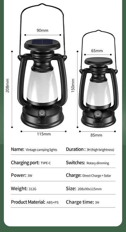 USB Rechargeable/Solar Charging Camping Light Portable Camping Lanterns 3 Lighting Modes Dimming Outdoor Hanging Tent Light
