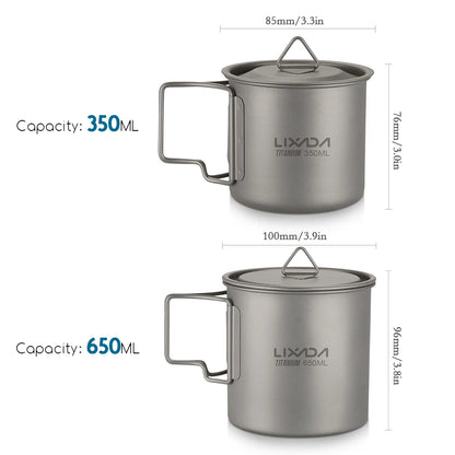 Lixada Ultralight Titanium Cup Mug 300/350/550/650ml/750ml Outdoor Water Cup Picnic Water Mug Tableware with Foldable Handle