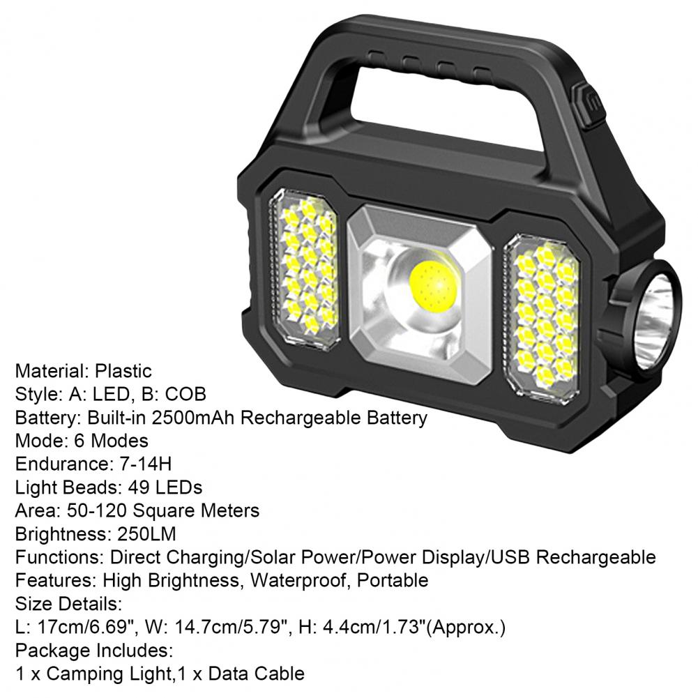 250LM Solar Power Camping Flashlight Waterproof 6 Gears Torch Light Lantern Side USB Hiking Super Bright LED/COB Outdoor Lamp