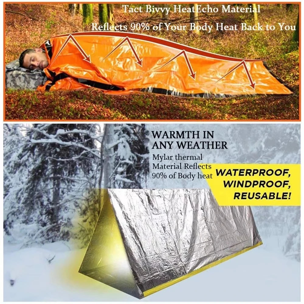 Portable Insulated sleeping bag Waterproof Emergency Survival Outdoor Edc Camping Gear Thermal Sack First Aid Rescue Kit Mylar