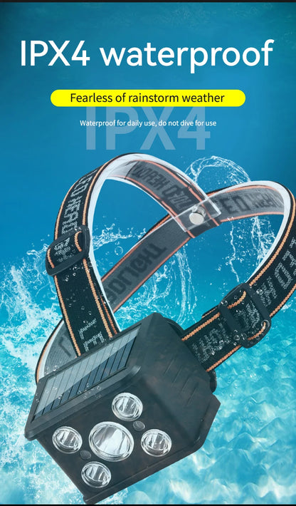 New Portable Solar LED COB Headlamp Five Mode Lighting USB Rechargeable Head Lantern Outdoor Waterproof Camping Headlight