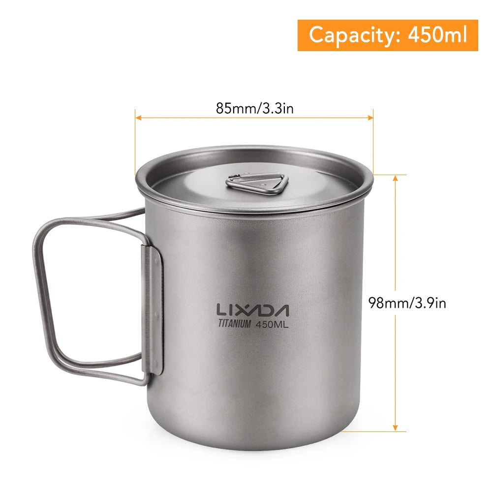 Lixada Ultralight Titanium Cup Mug 300/350/550/650ml/750ml Outdoor Water Cup Picnic Water Mug Tableware with Foldable Handle