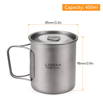 Lixada Ultralight Titanium Cup Mug 300/350/550/650ml/750ml Outdoor Water Cup Picnic Water Mug Tableware with Foldable Handle