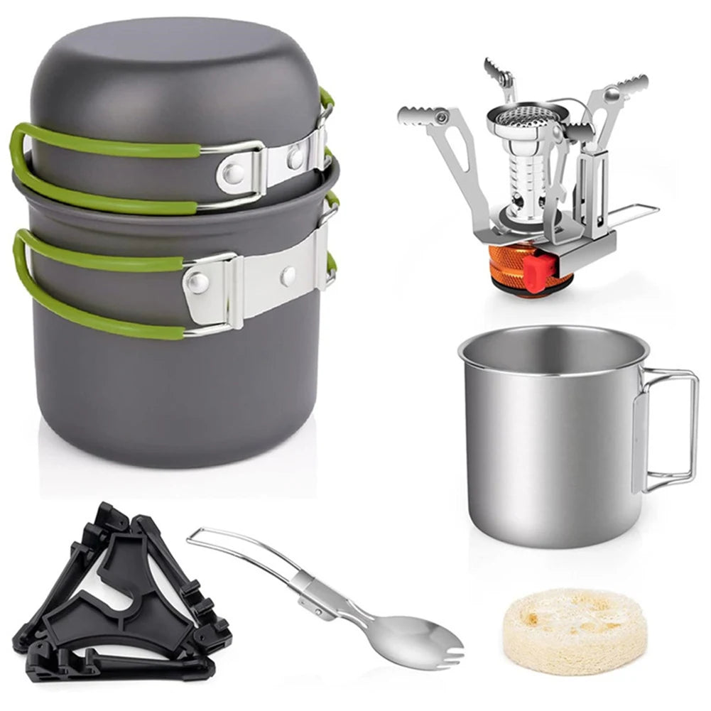 Camping Cookware Mess Kit with Mini Stove Camping Pot and Pan Set with Cup Fork Portable Cookware Equipment for Outdoor Cooking