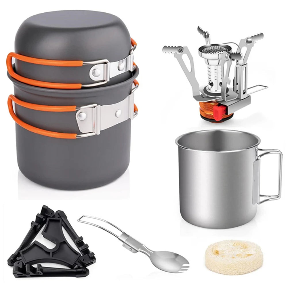 Camping Cookware Mess Kit with Mini Stove Camping Pot and Pan Set with Cup Fork Portable Cookware Equipment for Outdoor Cooking