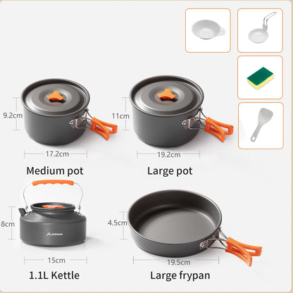 BISINNA Outdoor Aluminum Alloy Camping Cookware Utensils Water Kettle Pan Pot Cooking Set for Travelling Hiking Picnic BBQ