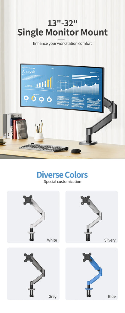 Hot Sale Computer Desk Monitor Mounting Bracket Height Adjustable 13 "-32" Screen Stock Aluminum Mono Gas Spring Monitor Arm