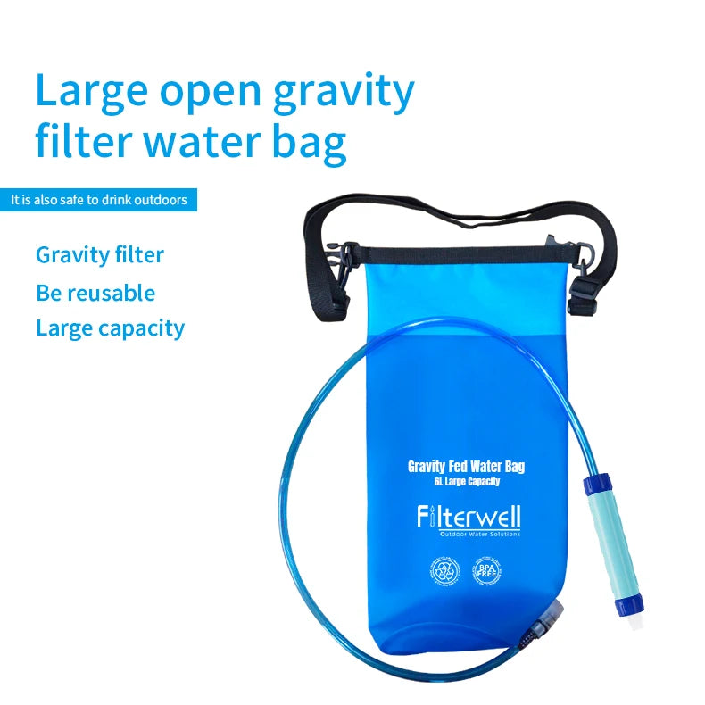 Filterwell 6L Fed Water Filter Straw Water Bag Foldable Outdoor Survival Gear Camping Hiking Travel Supplies