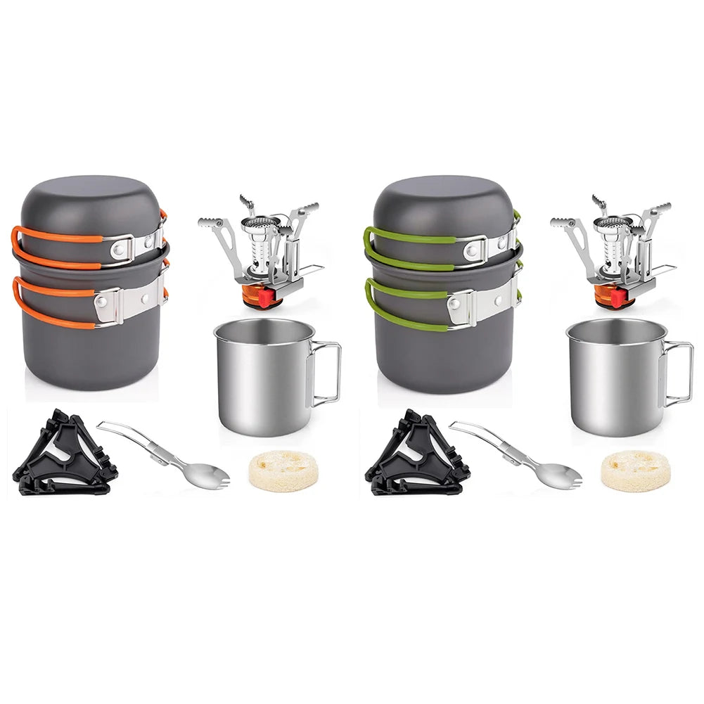 Camping Cookware Mess Kit with Mini Stove Camping Pot and Pan Set with Cup Fork Portable Cookware Equipment for Outdoor Cooking