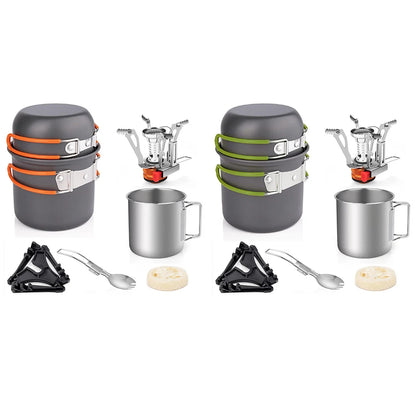 Camping Cookware Mess Kit with Mini Stove Camping Pot and Pan Set with Cup Fork Portable Cookware Equipment for Outdoor Cooking