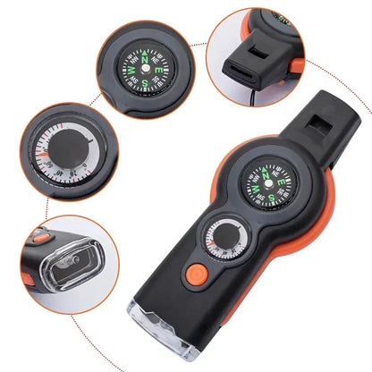 NEW 1PC 7 in 1 Survival Whistle High Decibel Rescue Whistle with LED Light Thermometer Compass Survival Reflective Signal Mirror