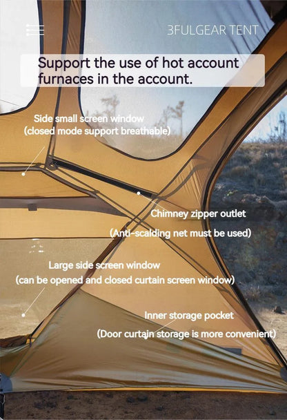 3FUL GEAR 2.0 Beetle 16 Dome Tent 70D Nylon Spherical Tent Breathable Large Space Tunnel Tent With Chimney Mouth Camping Hiking