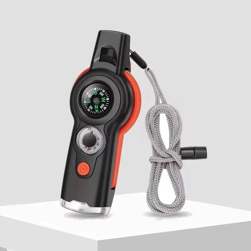 NEW 1PC 7 in 1 Survival Whistle High Decibel Rescue Whistle with LED Light Thermometer Compass Survival Reflective Signal Mirror