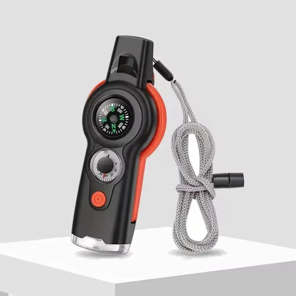 NEW 1PC 7 in 1 Survival Whistle High Decibel Rescue Whistle with LED Light Thermometer Compass Survival Reflective Signal Mirror